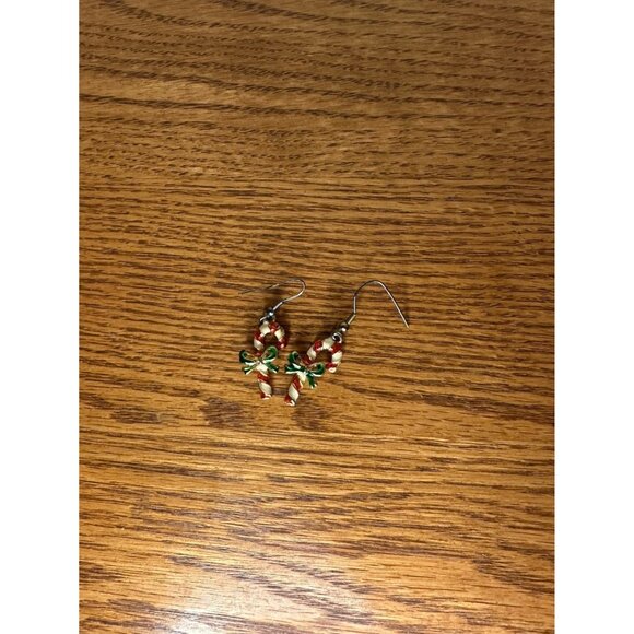 Vintage Christmas Holiday Costume Enameled Candy Cane Drop Earrings - Picture 1 of 2